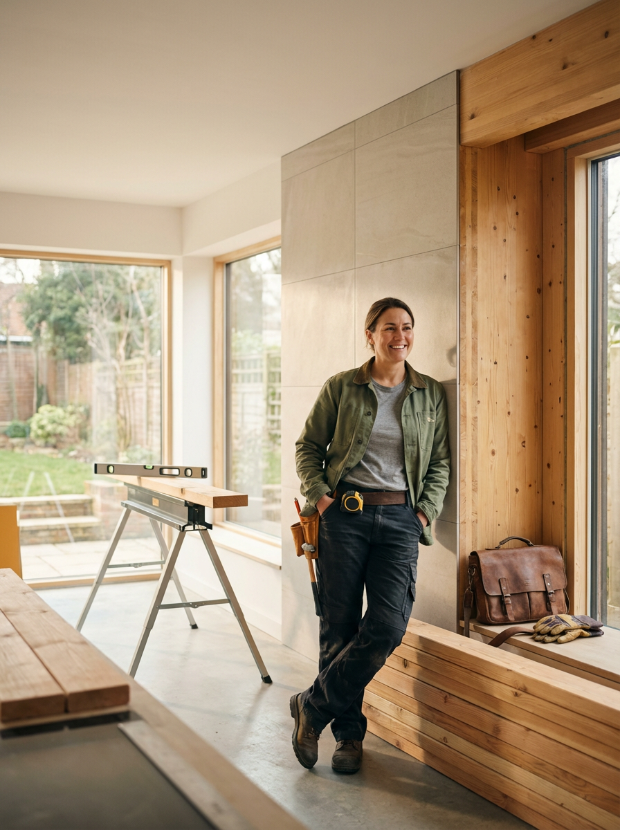 A woman standing in a bright, airy woodworking or construction room, smiling, dressed in work clothes with tools and a leather bag nearby, with large windows showing a garden outside.