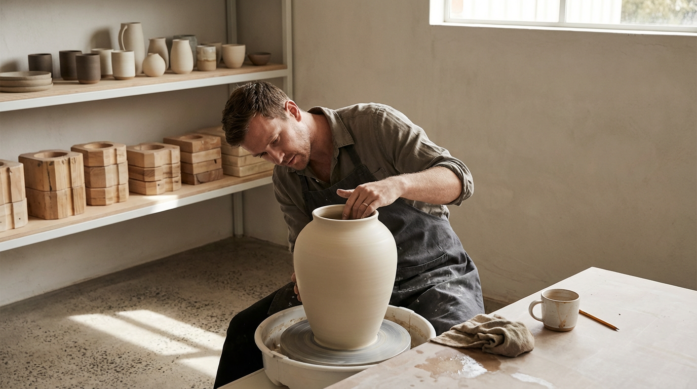 A man working on a pottery wheel, shaping a large ceramic vase in a pottery studio.
