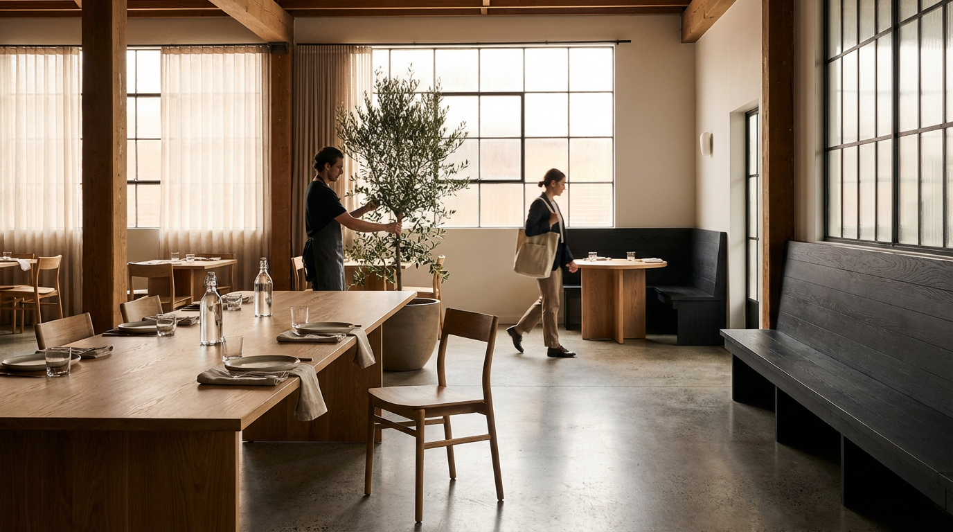 A woman walking through a softly lit restaurant with wooden tables and chairs, minimal décor, and large windows letting in natural light.