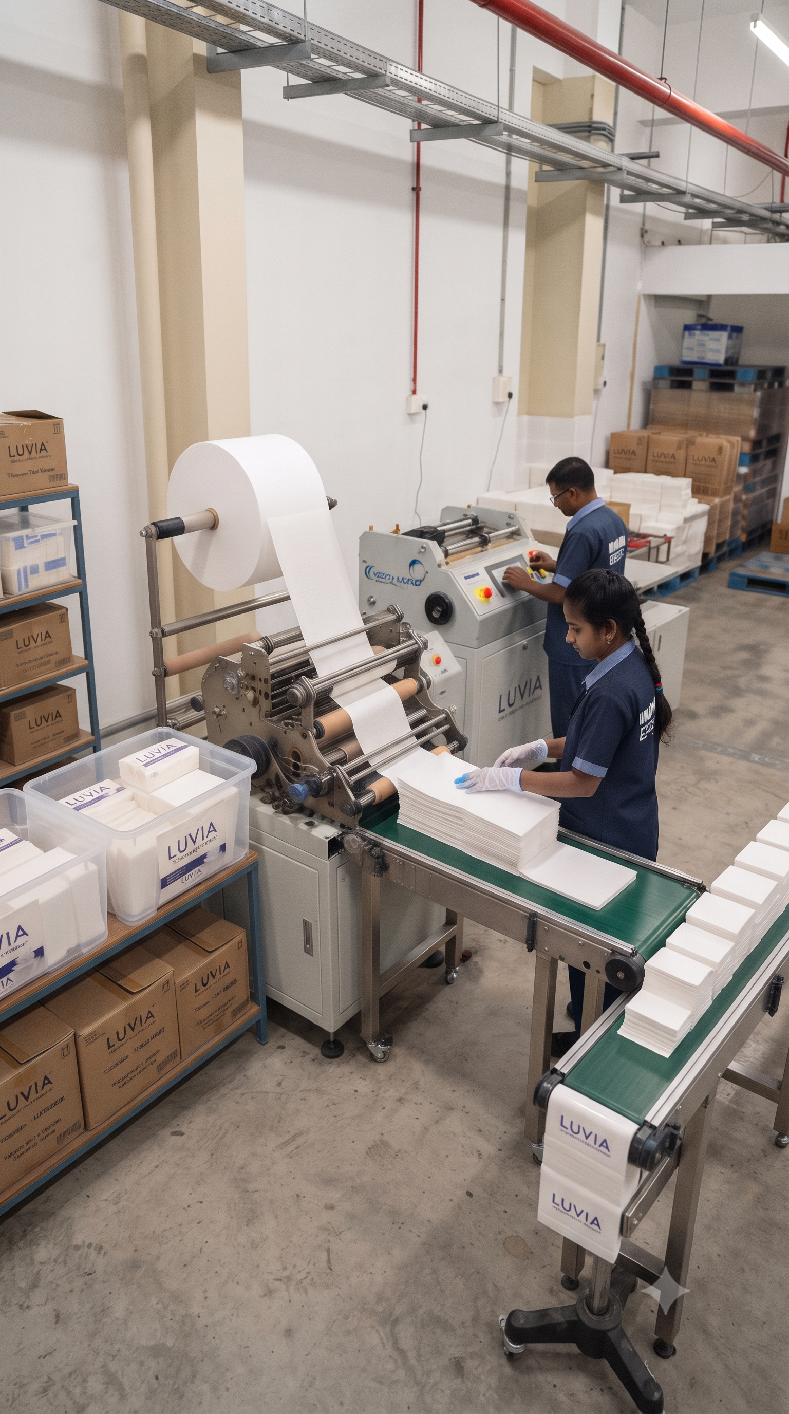 Two workers in blue uniforms operating machinery to produce white paper tissues in a factory setting. There are boxes labeled 'LUVIA' on shelves nearby.