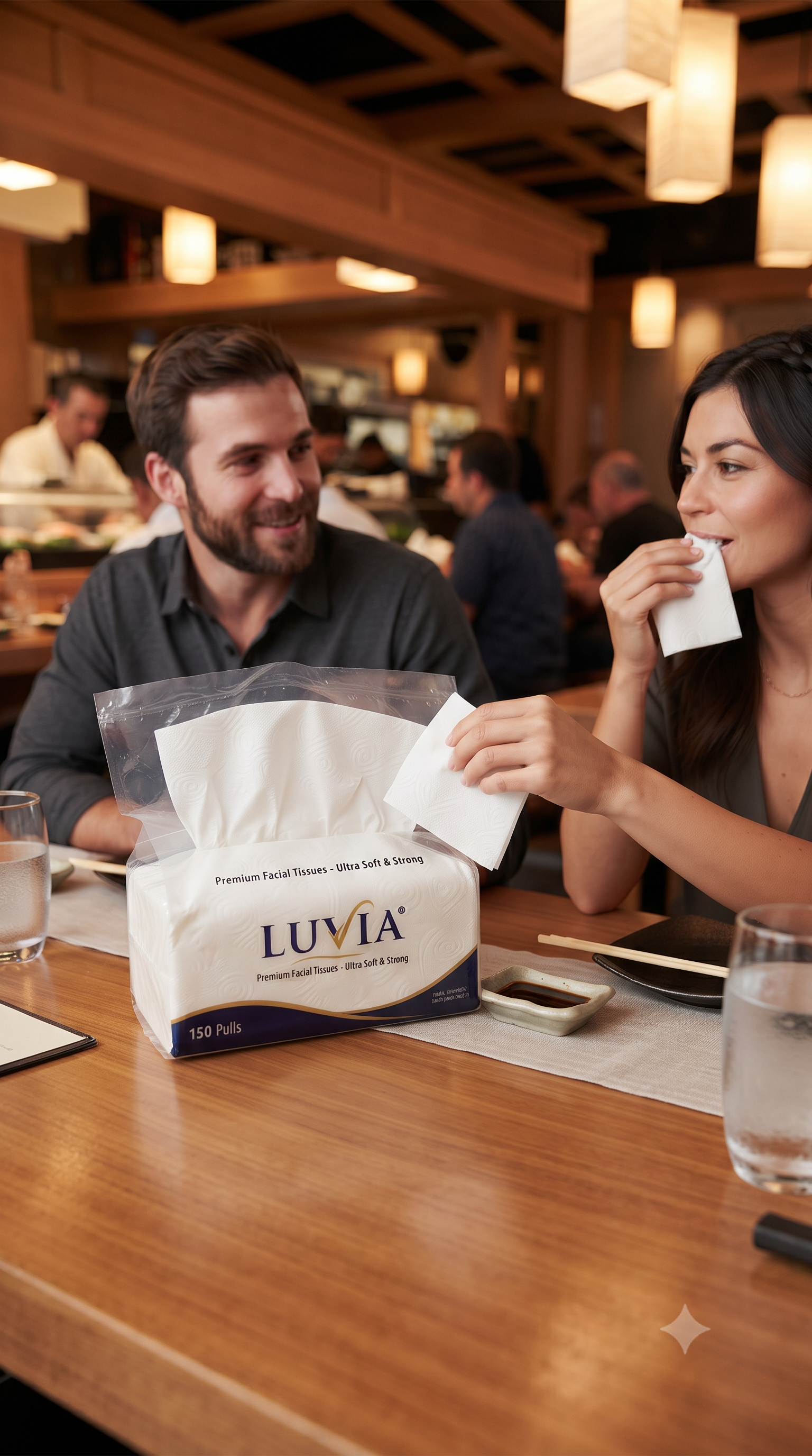 A man and woman sit at a wooden dining table in a restaurant, engaging in conversation. The woman is holding a tissue near her mouth, and a pack of Luvia facial tissues is on the table. There are glasses of water, a soy sauce dish, and chopsticks on the table. The restaurant has warm lighting and wooden decor.