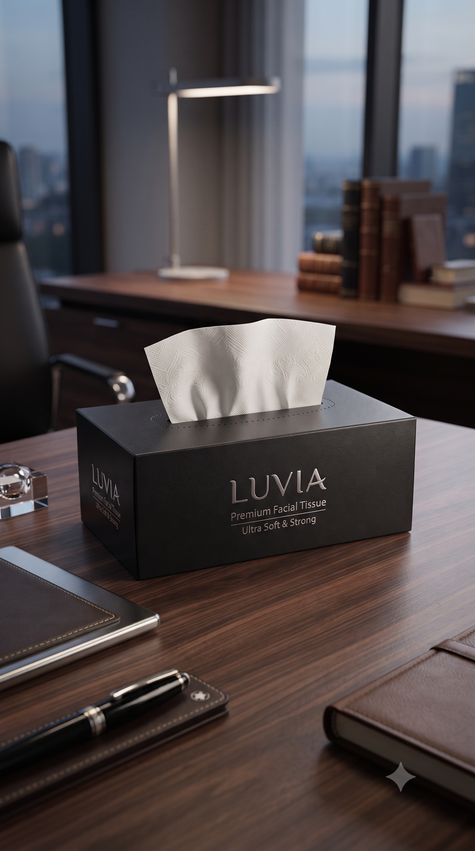 A black box of LUVIAS premium facial tissues with a tissue protruding, placed on a wooden conference table. The background shows a cityscape through large windows, a desk lamp, and a stack of books.