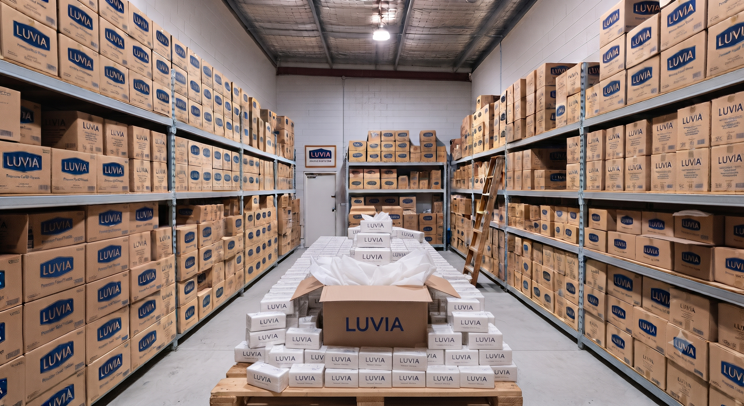 Warehouse aisle filled with shelves of boxes labeled 'LUVIA', with a table in the center stacked with more boxes, some open with packing materials, in an industrial storage room.