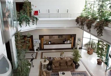 Bright modern hotel lobby with indoor trees, mezzanine balcony, reception desk, and lounge seating