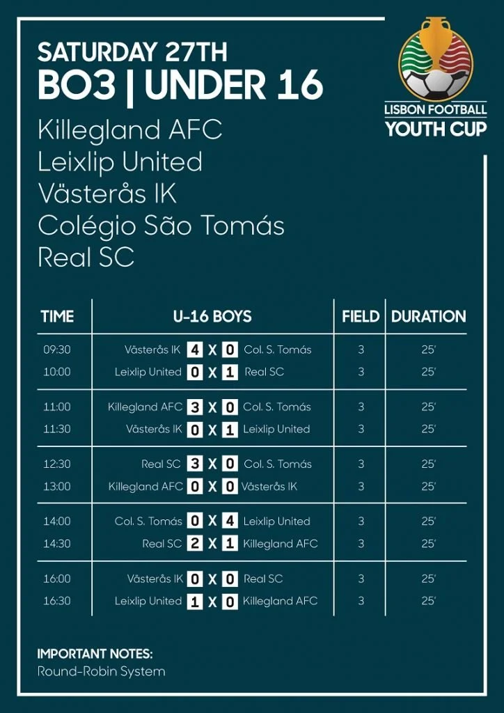 Lisbon Football Youth Cup Under-16 boys schedule for Saturday 27th, featuring Killegland AFC, Leixlip United, Västerås IK, Colégio São Tomás, and Real SC.