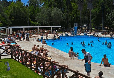 Outdoor public swimming pool crowded with swimmers and sunbathers, surrounded by trees and a rustic wooden fence
