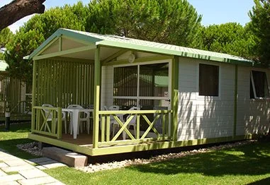 Small mobile home with a covered porch, white walls, green trim, outdoor table and chairs, and surrounding trees.