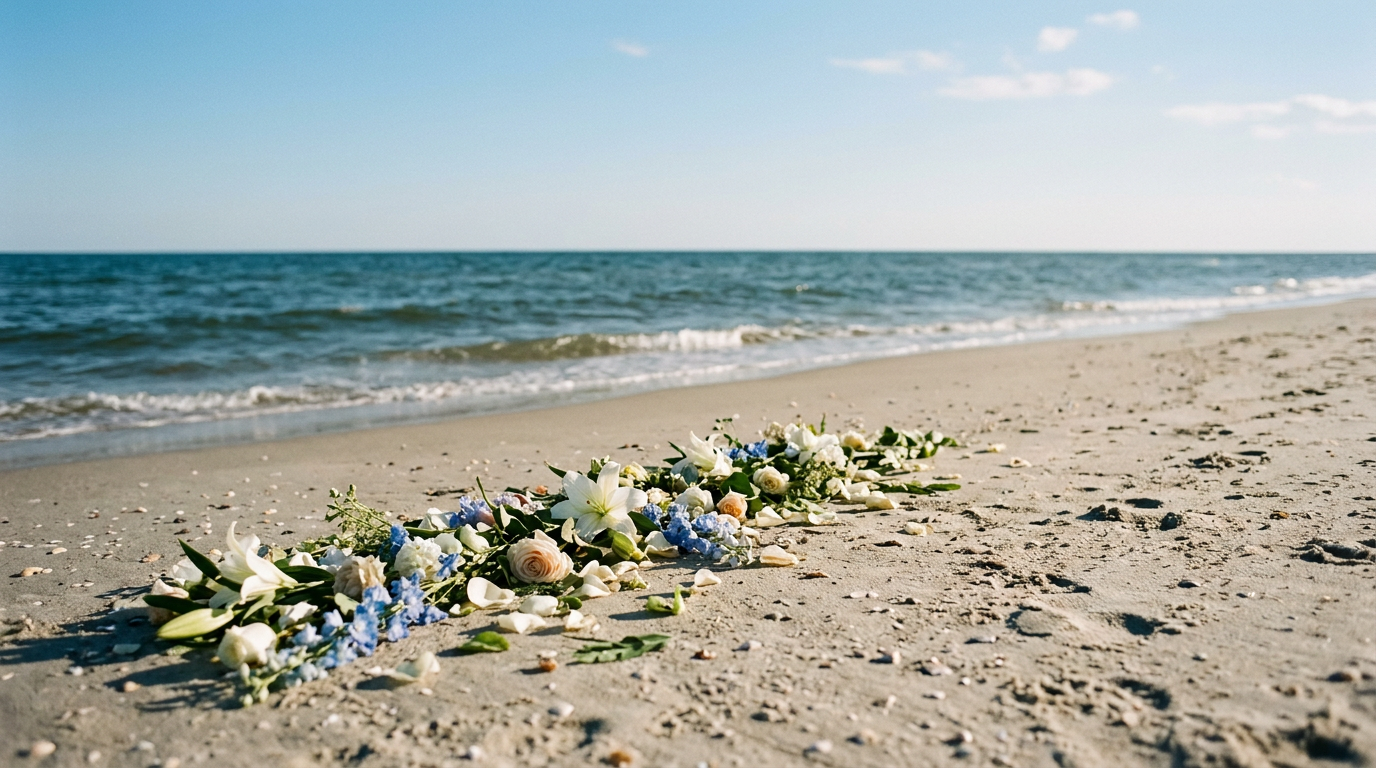 Flower arrangement on the beach with the ocean in the background.