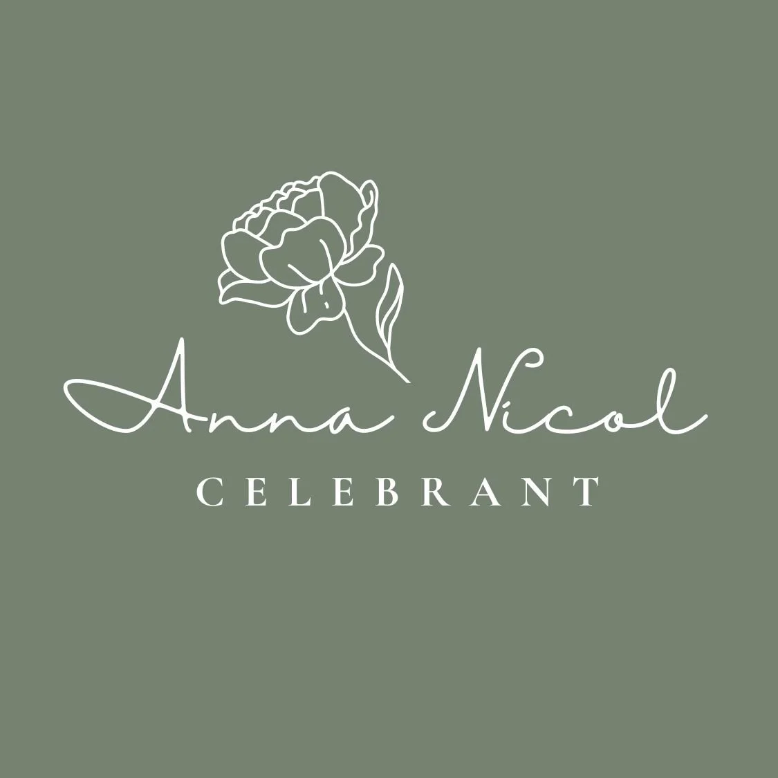 A greeting card with a simplistic embroidered flower design and the text "Anna Nicol Celebrant" on a muted green background.