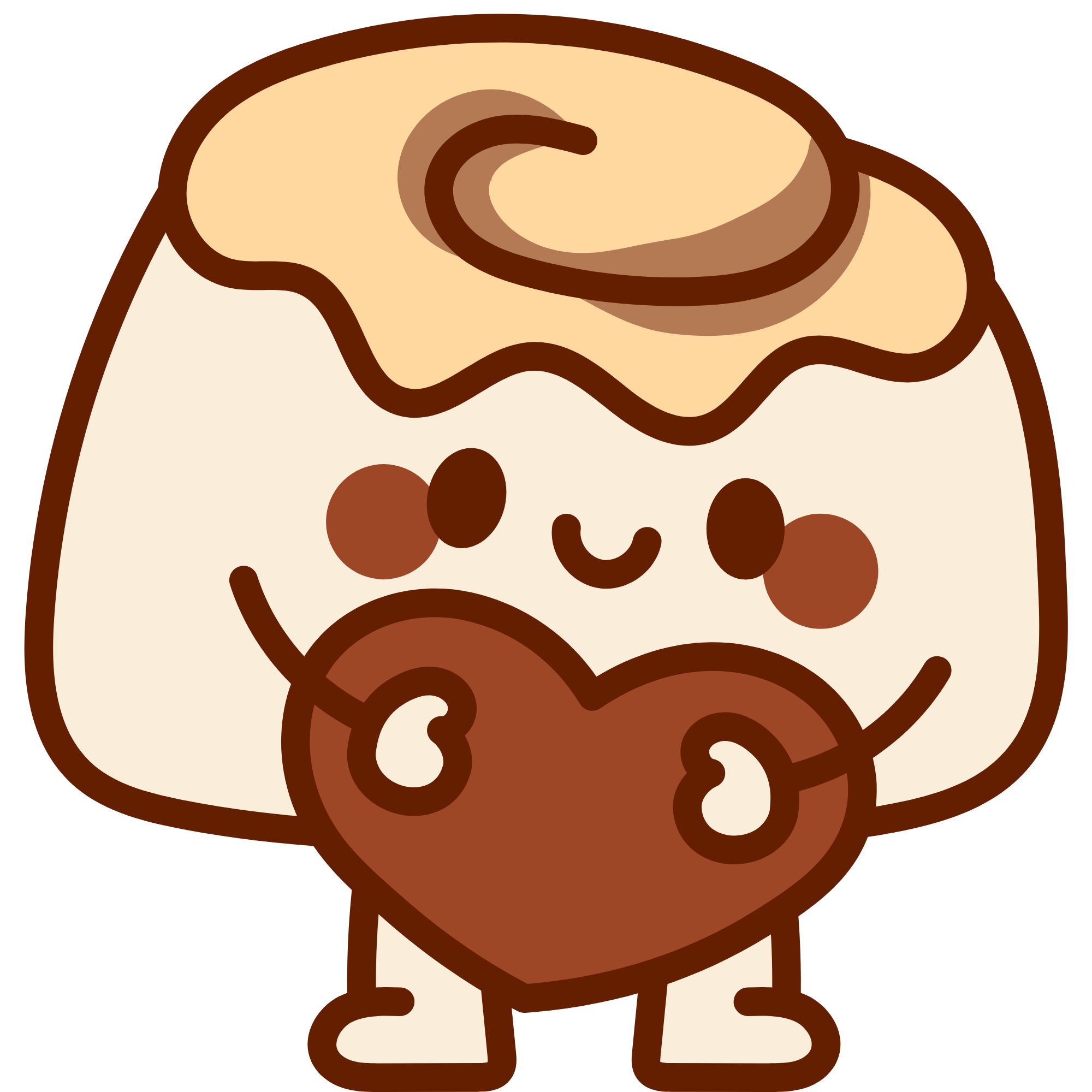 A cartoon illustration of a chocolate chip cookie with chocolate chips visible inside.