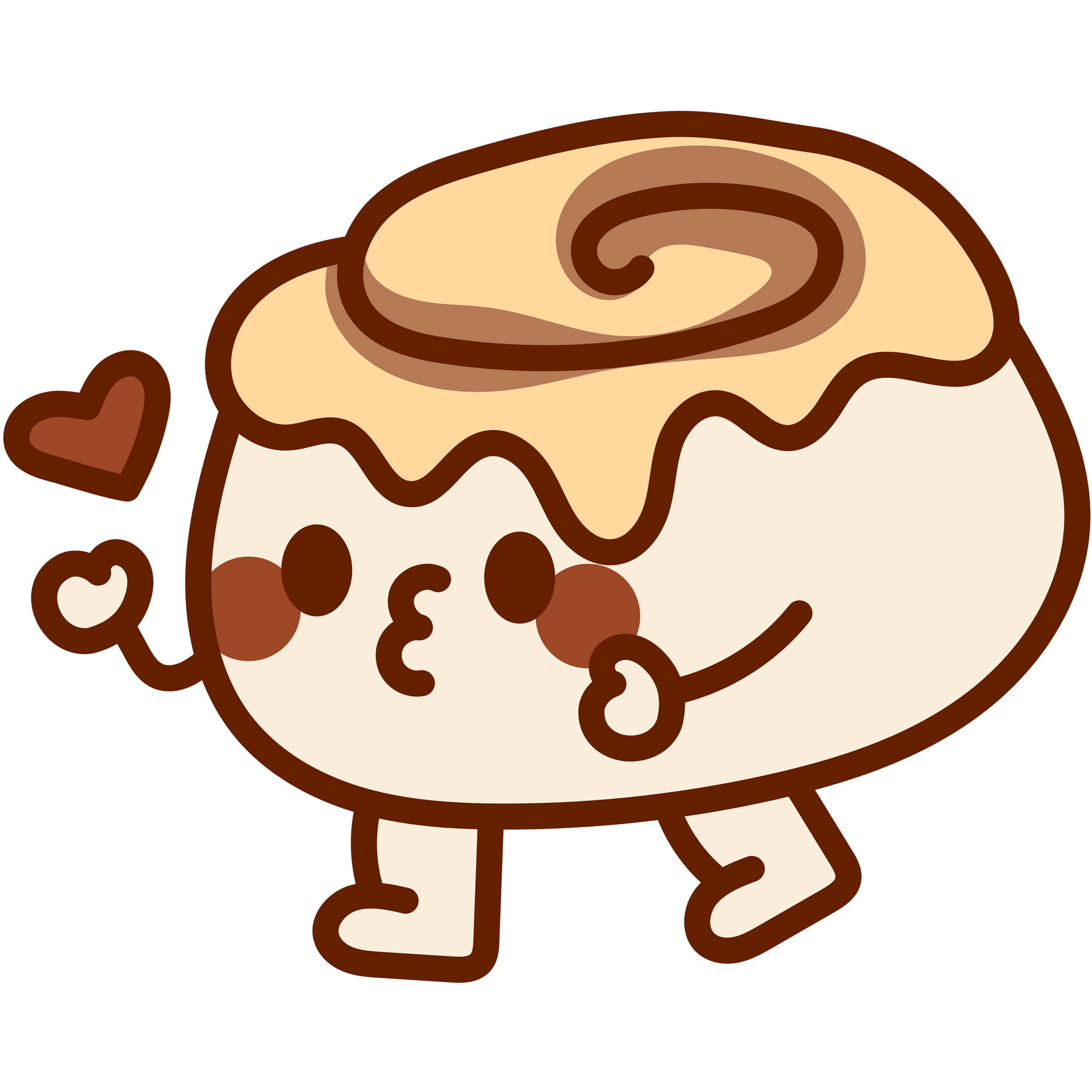 Close-up illustration of a cinnamon roll with icing and a small heart-shaped decoration.