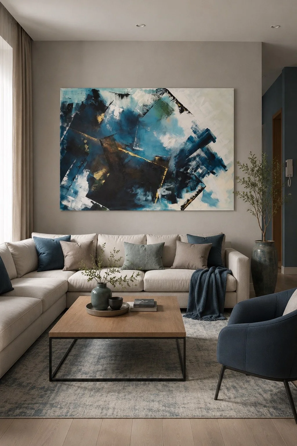 Modern living room with a large abstract painting, beige sectional sofa with blue, gray, and beige pillows, wooden coffee table with decorative vases and books, blue armchair, large window with curtains, and potted plant.