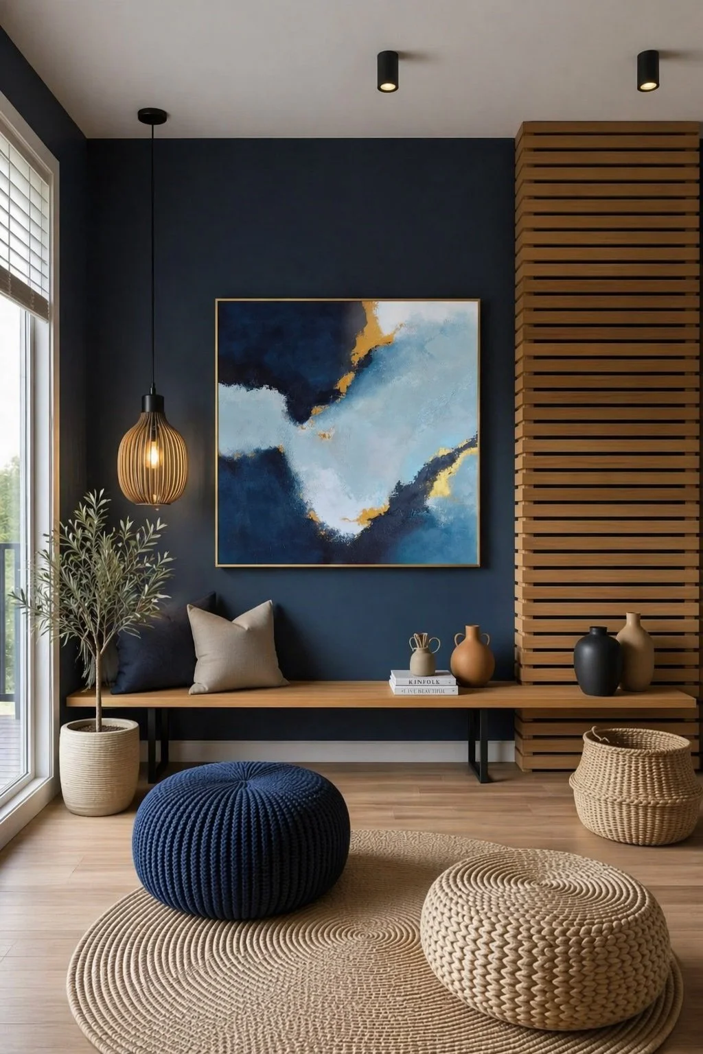 Modern living room corner with dark blue accent wall, abstract art, wooden slat divider, hanging pendant light, potted plant, cozy bench with pillows, decorative vases, woven poufs, and a circular rug.