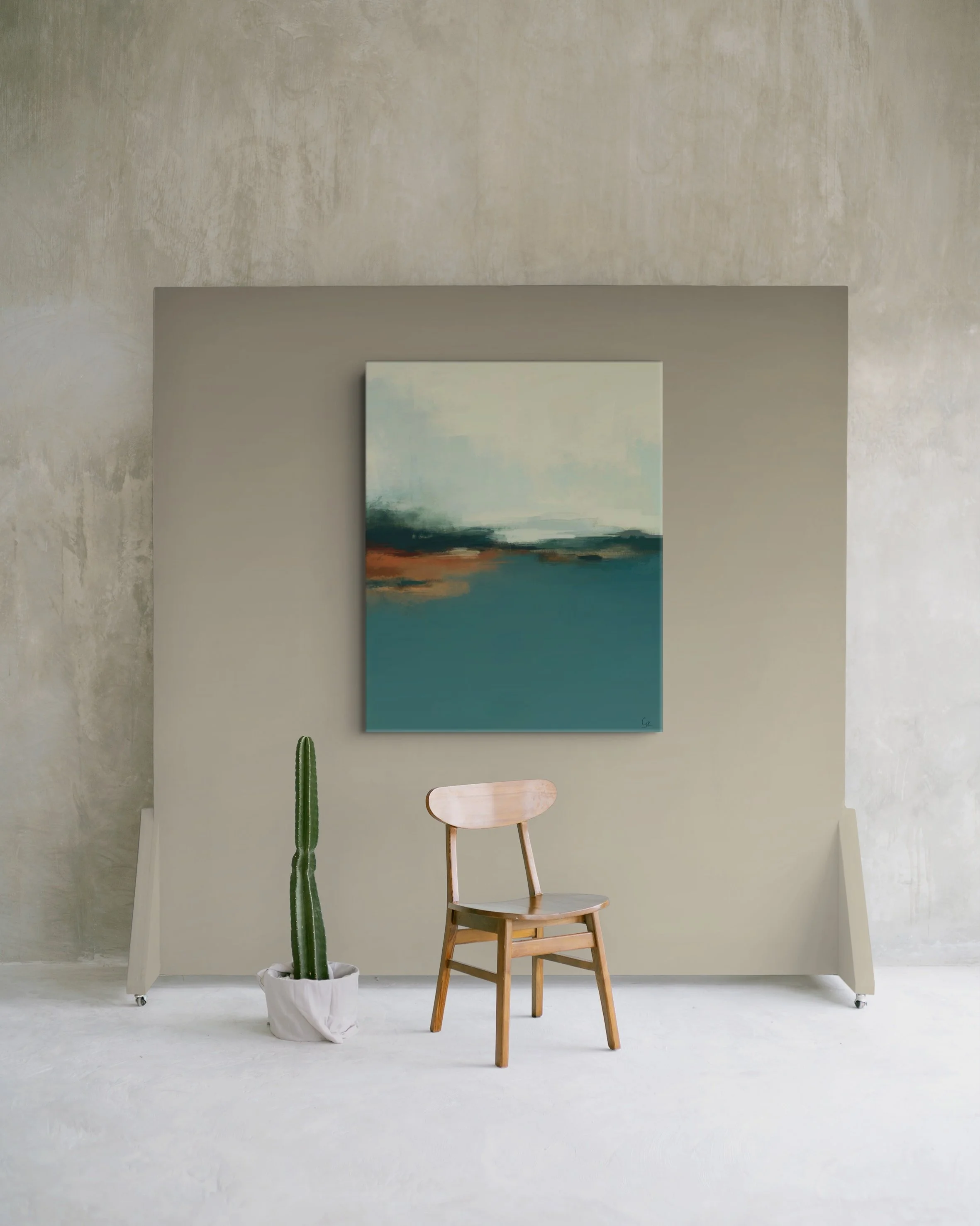 A minimalist interior scene with a wooden chair, a tall cactus in a white pot, and a large abstract landscape painting on a beige wall. The floor and background are white and light gray.
