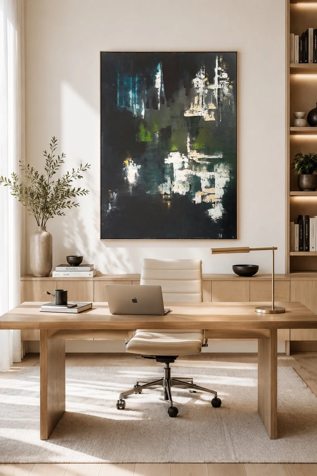 Modern home office with a wooden desk, cream office chair, laptop, table lamp, and abstract painting on the wall.