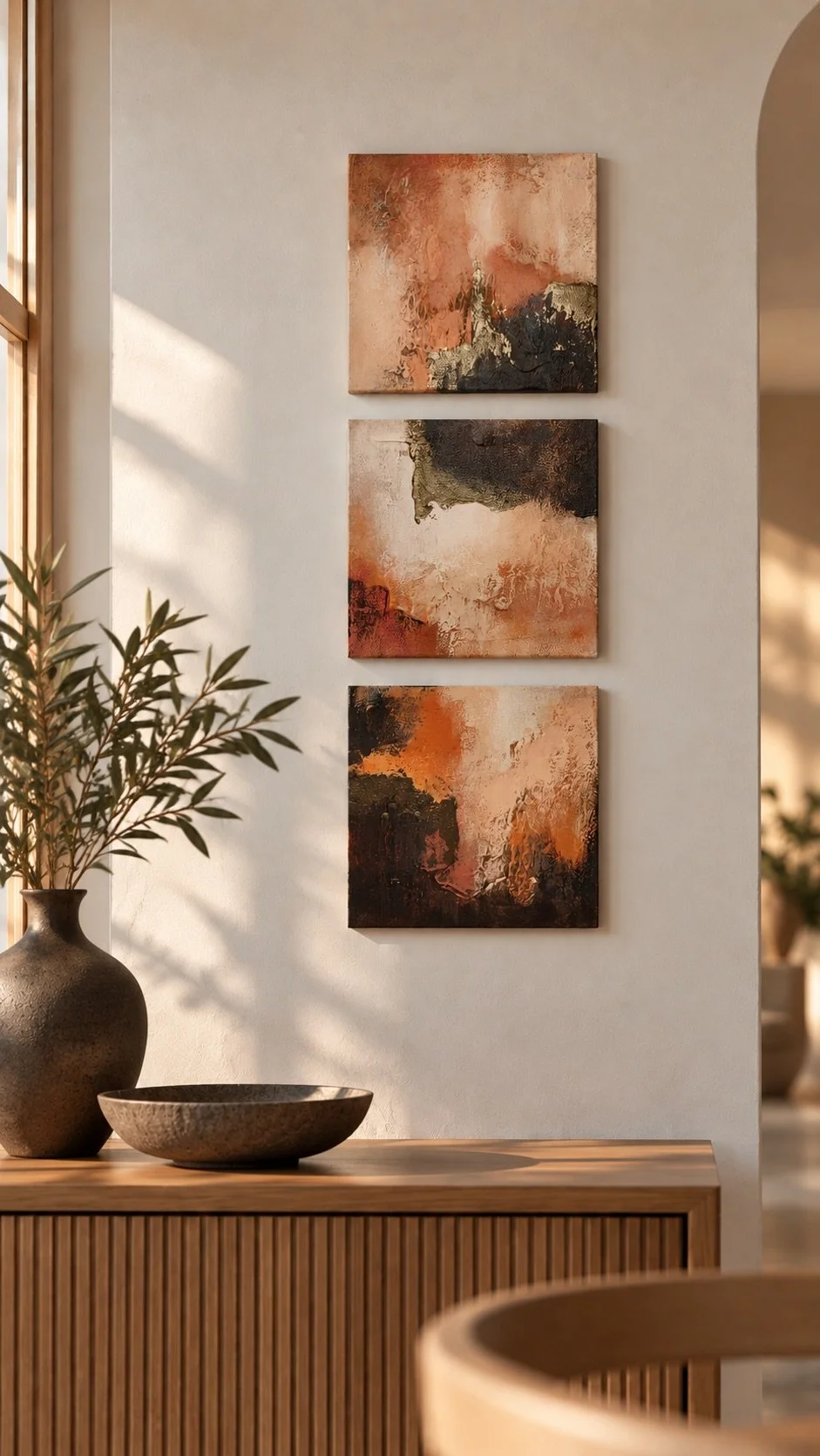 Three abstract paintings with warm tones hung vertically on a white wall, with a wooden sideboard below holding a black vase with branches and a textured bowl, and sunlight casting shadows.