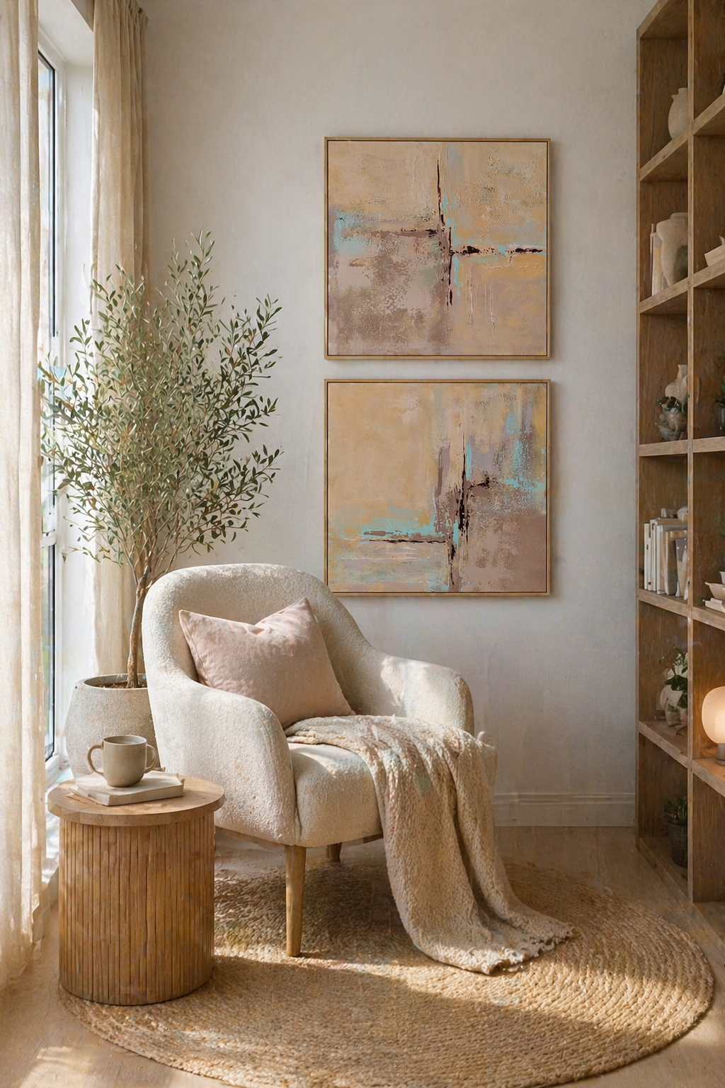 A cozy living room corner with a cream armchair, soft pink pillow, throw blanket, wooden side table with a mug, tall potted plant near window, abstract artwork on wall, built-in wooden shelf with decorative objects, natural light coming through sheer