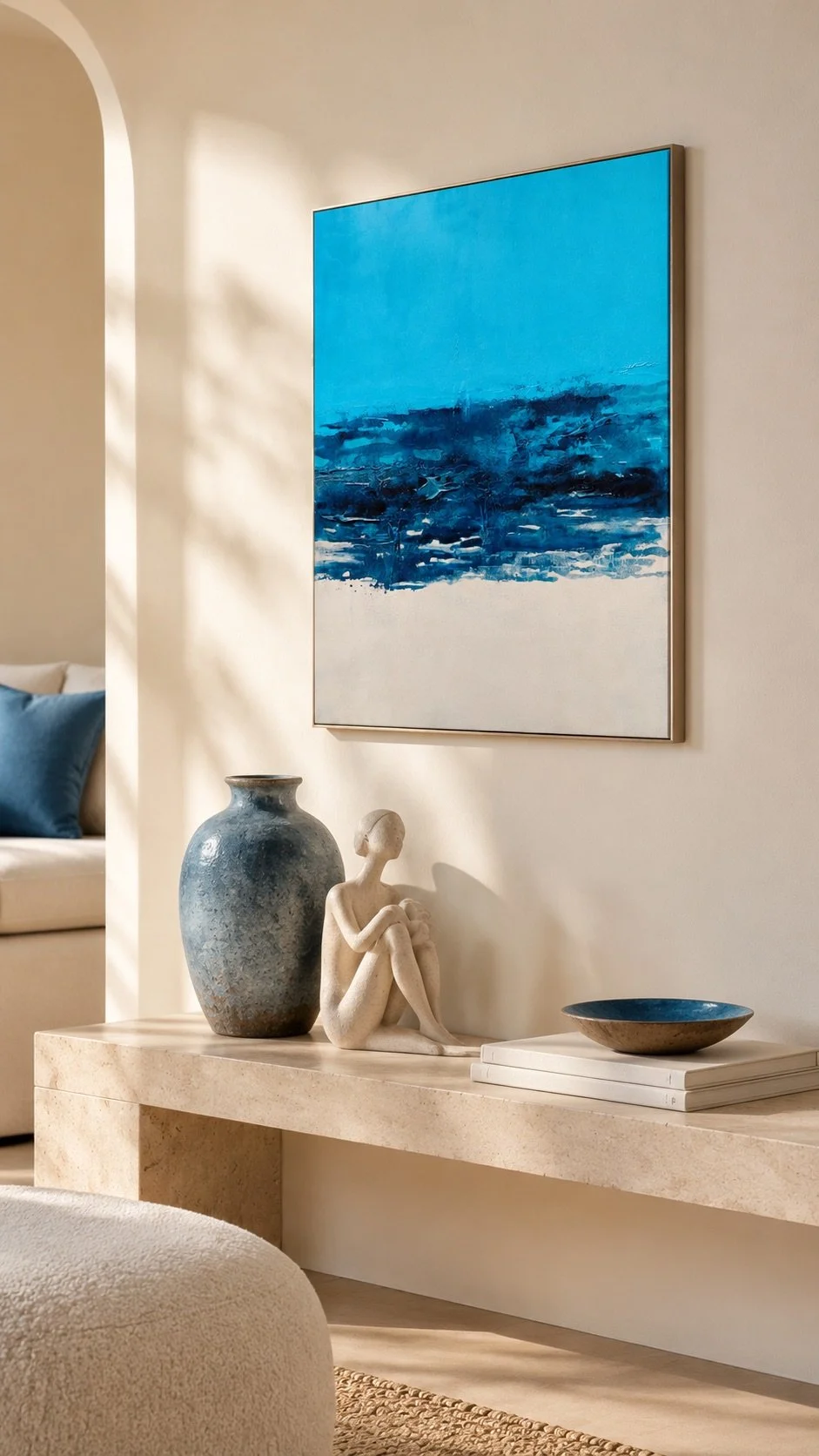 Cuadro abstracto de estilo mediterráneo en tonos azules y blancos colgado en la pared, decoraciones de cerámica y una figura de escultura de una mujer sentada, sobre una mesa de color beige.