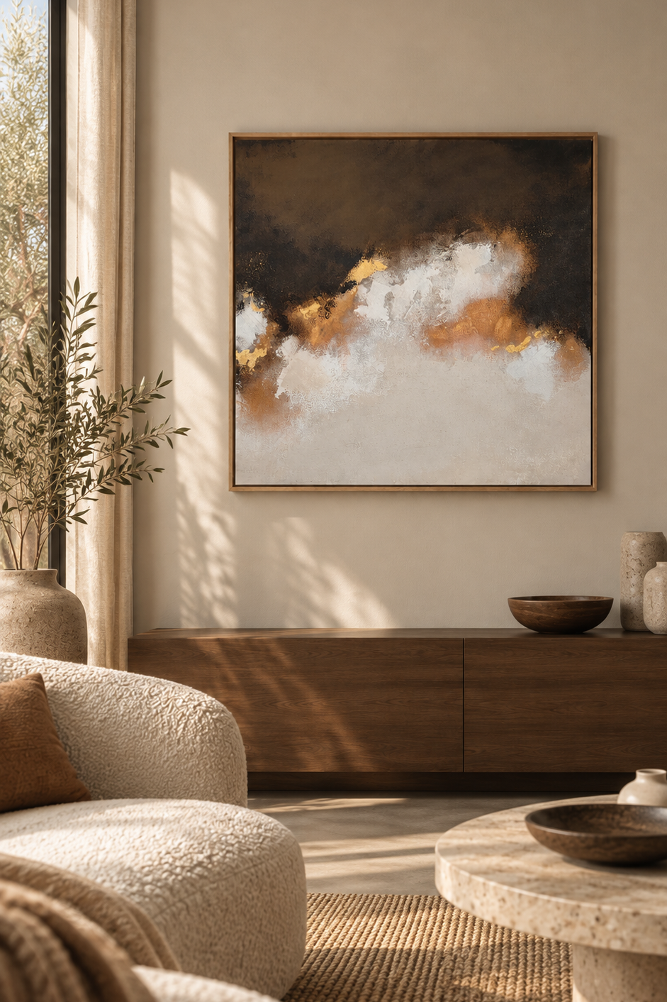 Modern living room with abstract wall art, beige textured sofa, wooden sideboard with ceramic and wooden decor, potted plant, and natural light streaming through sheer curtains.