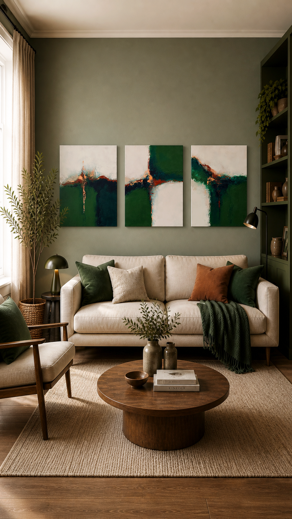 Living room with a beige sofa, green and brown cushions, a wooden coffee table with vases and books, a floor lamp, a side table with a lamp, a tall plant, a built-in bookshelf, and three abstract paintings in shades of green, white, and dark colors o