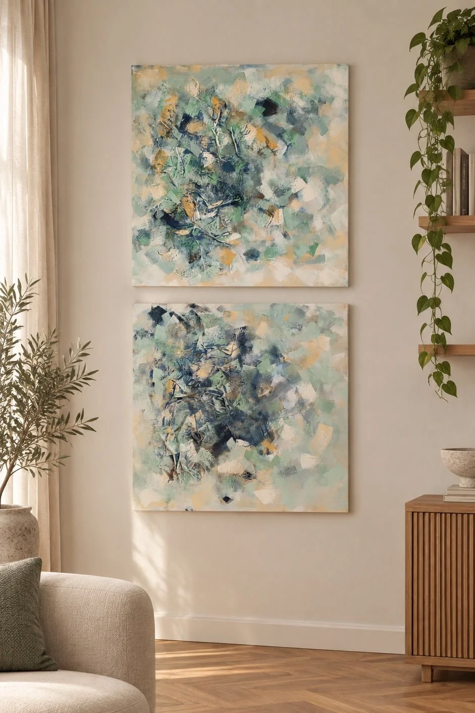 Two abstract paintings with a mix of blue, green, beige, and white colors hanging on a white wall in a living room with natural light, a beige sofa with green cushions, a potted plant, and wooden shelves.