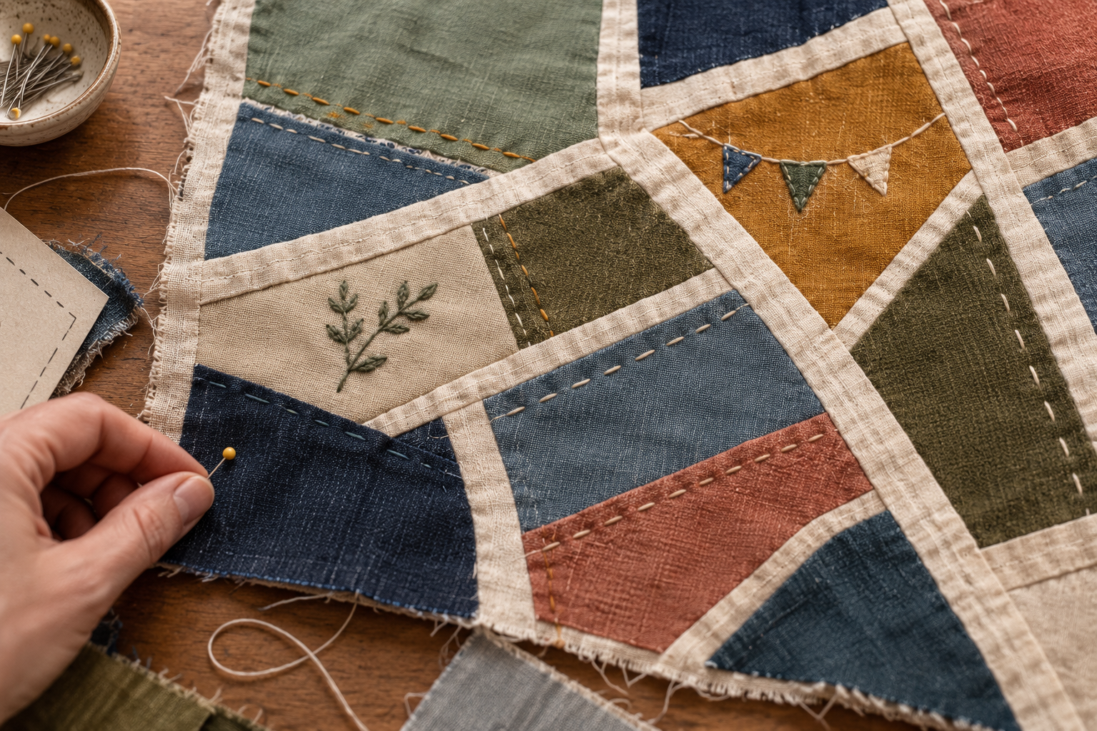 A hand pinning fabric pieces onto a quilt with colorful segments and decorative stitching, on a wooden surface.