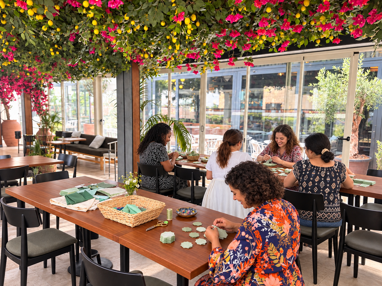 A group of women sitting around a wooden table in a bright, airy indoor space with large glass doors and windows, colorful flowers hanging from the ceiling, and potted plants, engaging in crafting with napkins or paper for a gathering or workshop.