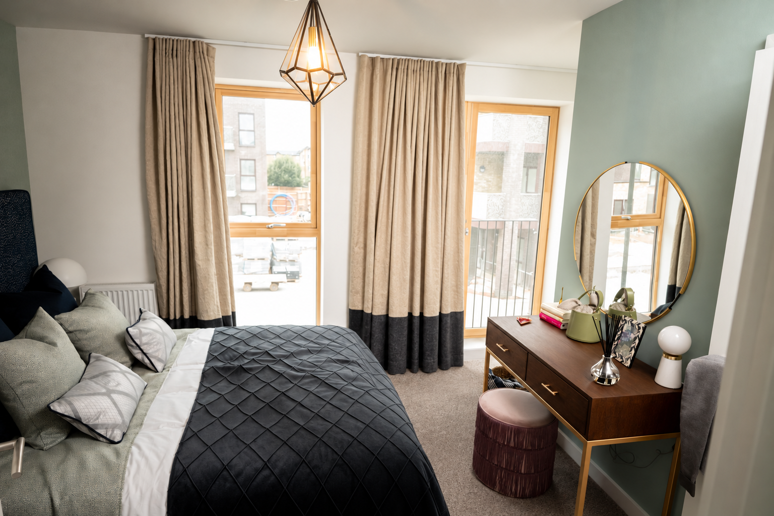 A bedroom with a bed, a dresser with mirror, and large windows with curtains, decorated in modern style.