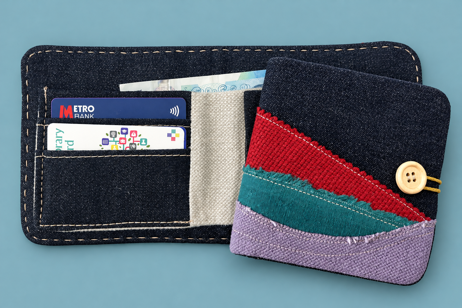 An open denim wallet with card slots and a fabric pouch with colorful strips, against a blue background.