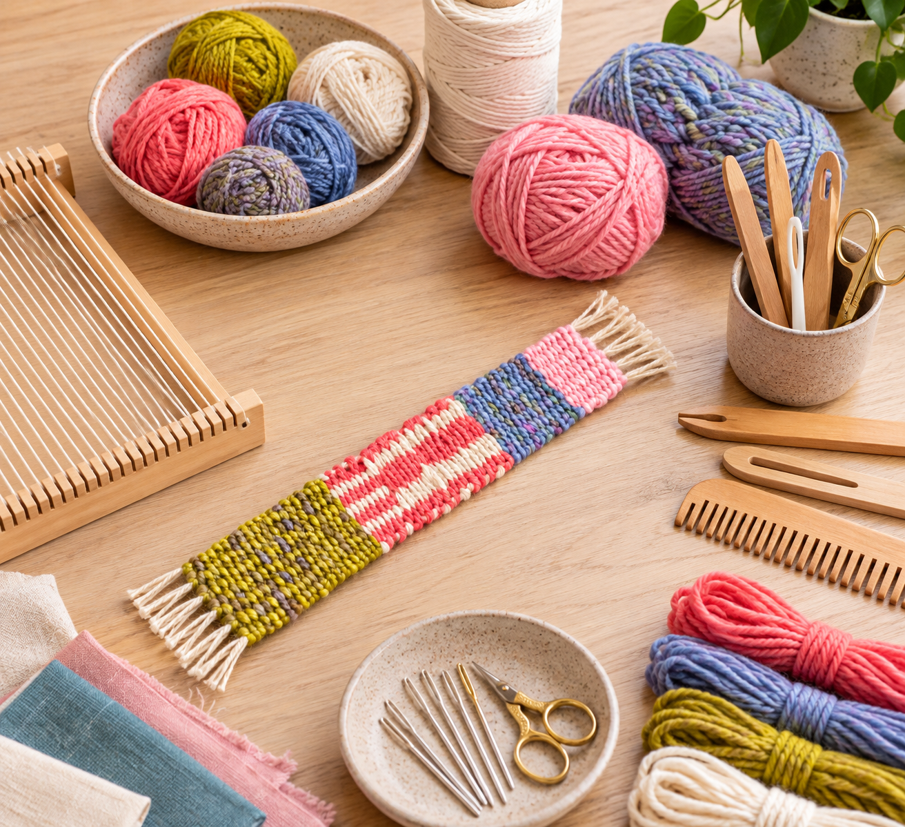 A craft workspace with balls of colorful yarn, knitting tools, and wooden weaving looms on a wooden table.