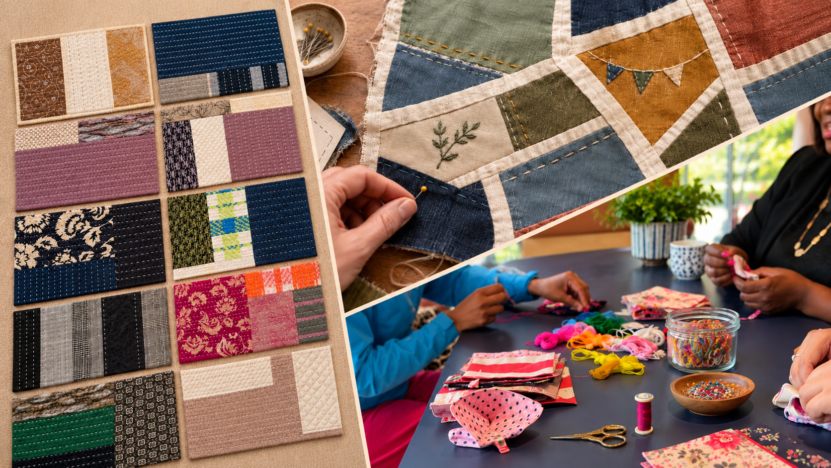 A collage of images showing quilting activities: fabric swatches, sewing, and people working on a quilting project with threads, scissors, and fabric pieces.