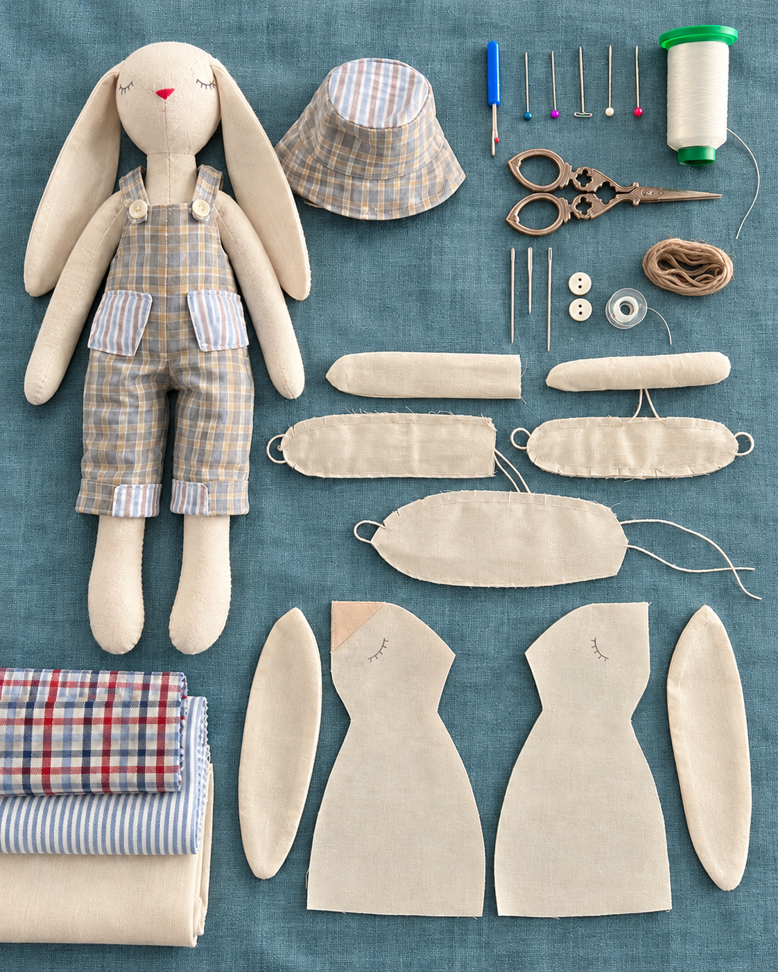 A sewing kit with fabric bunny parts, sewing tools, and accessories on a blue surface, including a stuffed bunny doll in plaid clothing, fabric pieces for sewing, and sewing pins, scissors, thread, and fabric scraps.