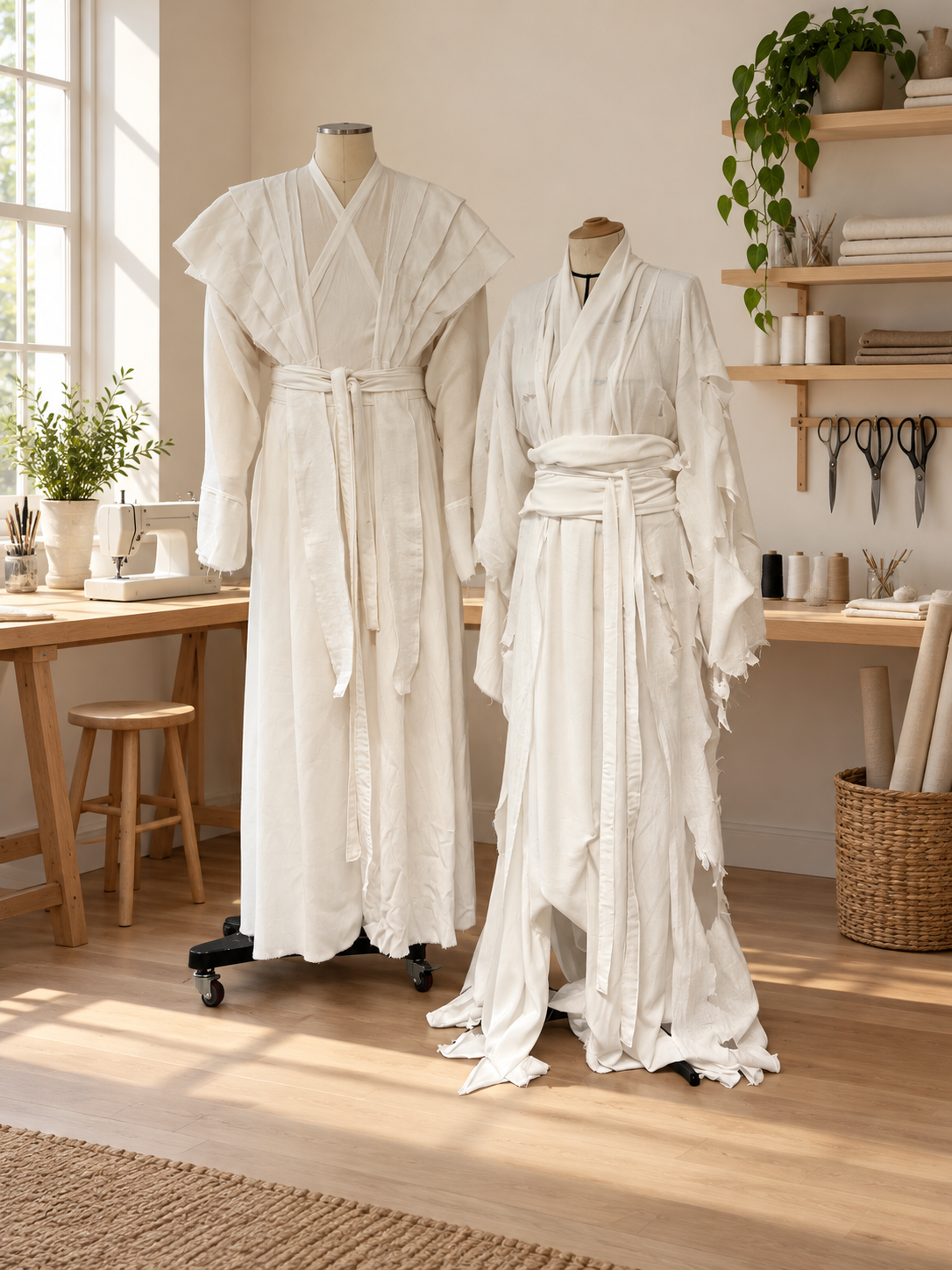 Two mannequins dressed in white garments in a sewing or fashion design studio with wooden shelves, scissors, fabric, and windows in the background.