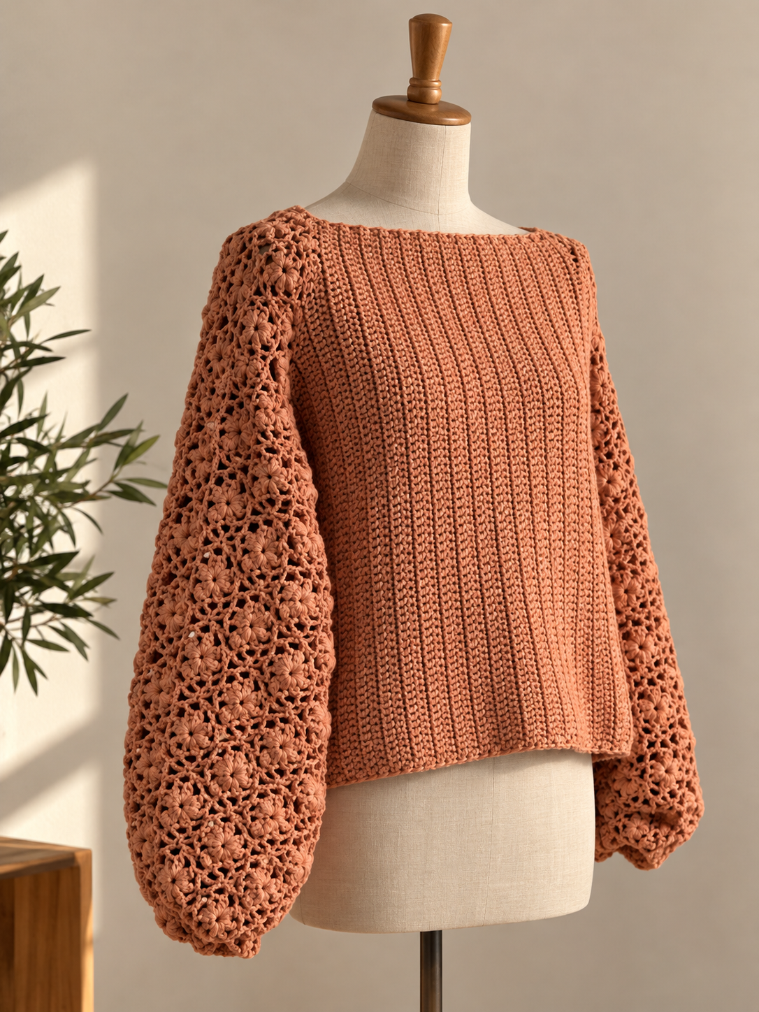 A mannequin wearing a coral-colored, long-sleeve crochet sweater with floral-patterned sleeves and a simple, ribbed body style.