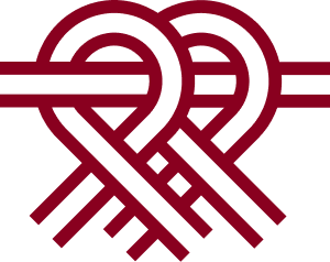 A decorative heart-shaped design with interwoven lines in dark red and black.