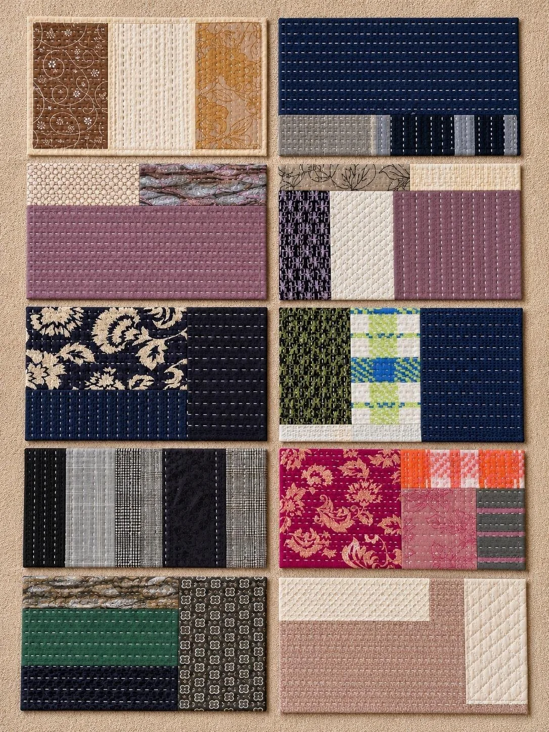 A collection of 12 quilt blocks arranged in a 4x3 grid, each with different fabric patterns and colors.