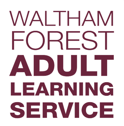 Text reading "Waltham Forest Adult Learning Service" in bold, purple letters on a black background.