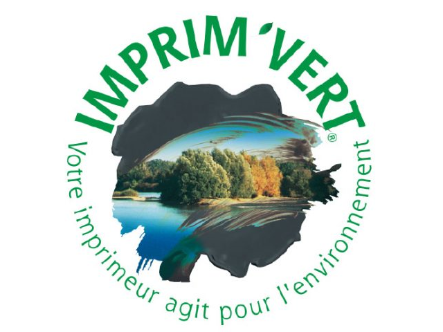 Logo de l'organisation Imprim'Vert avec une illustration de paysage naturel au centre, entouré d'un texte vert indiquant leur engagement pour l'environnement.