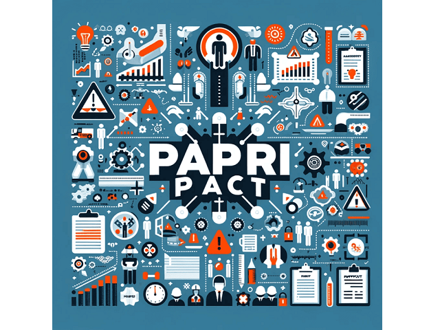 Une illustration représentant un pacte ou une entente intitulé « PAPI PACT » avec des icônes de sécurité, de technologie, de construction, de communication, et de gestion, comme des graphiques, des cadenas, des personnages, et des outils, sur un fond bleu.