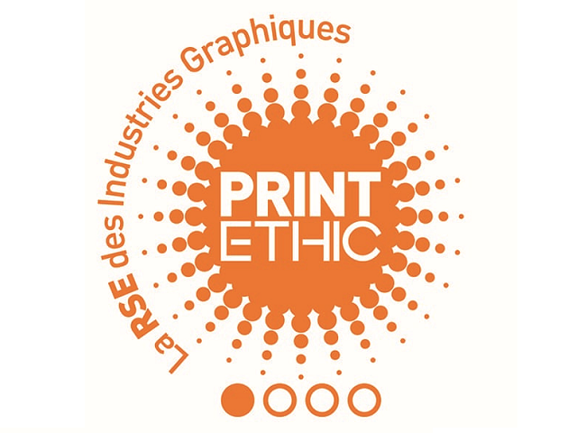 Logo orange avec un cercle de points rayonnant autour du texte 'PRINT ETHIC' et la phrase 'VASTE DES INDUSTRIES Graphiques' en arc de cercle autour.