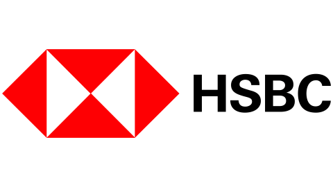 Logo de la banque HSBC avec un symbole rouge en forme de lion stylisé.