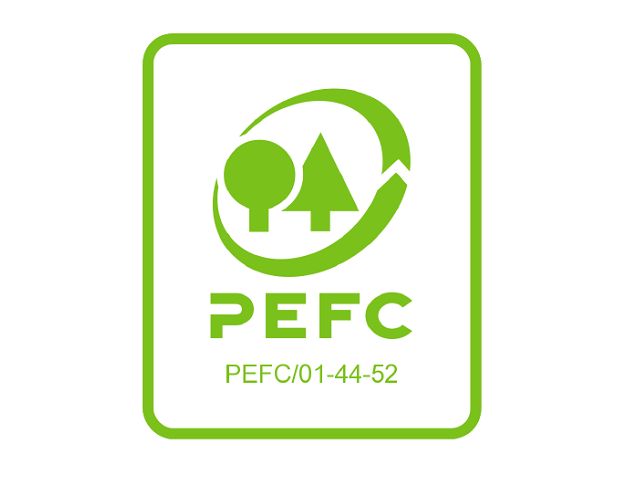 Logo vert avec un arbre, une feuille, et une flèche circulaire, accompagné de la mention PEFC et d'un numéro de certification