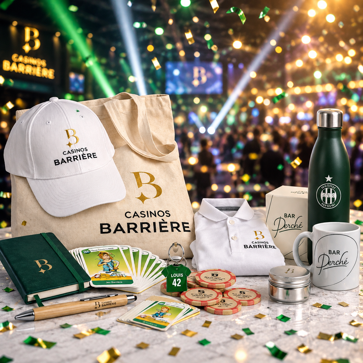 Articles promotionnels pour le casino Barrière, comprenant un casquette blanche, un sac en toile, un polo blanc, un mug, une bouteille rechargeable, un carnet, une clé avec un pendentif, des jetons de poker, des cartes à jouer, un stylo, un petit coffret, et un ouvre-boîte, devant un fond de scène de spectacle avec des lumières et une foule.