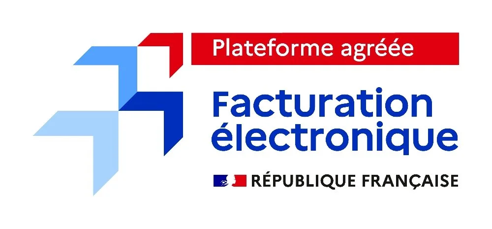 Logo avec texte en français sur la facturation électronique, indiquant une plateforme agréée par la République française, avec des éléments graphiques en bleu, rouge et blanc.