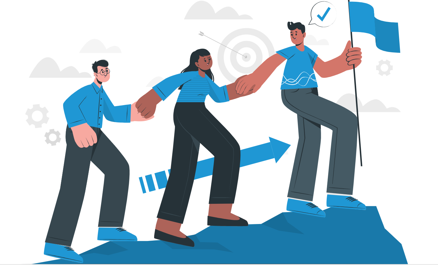 Illustration de trois personnes travaillant ensemble pour atteindre un objectif commun. La personne à gauche pousse la personne du milieu, qui s'appuie sur la personne à droite, qui tient un drapeau bleu. La scène symbolise la coopération et la progression vers un but partagé.