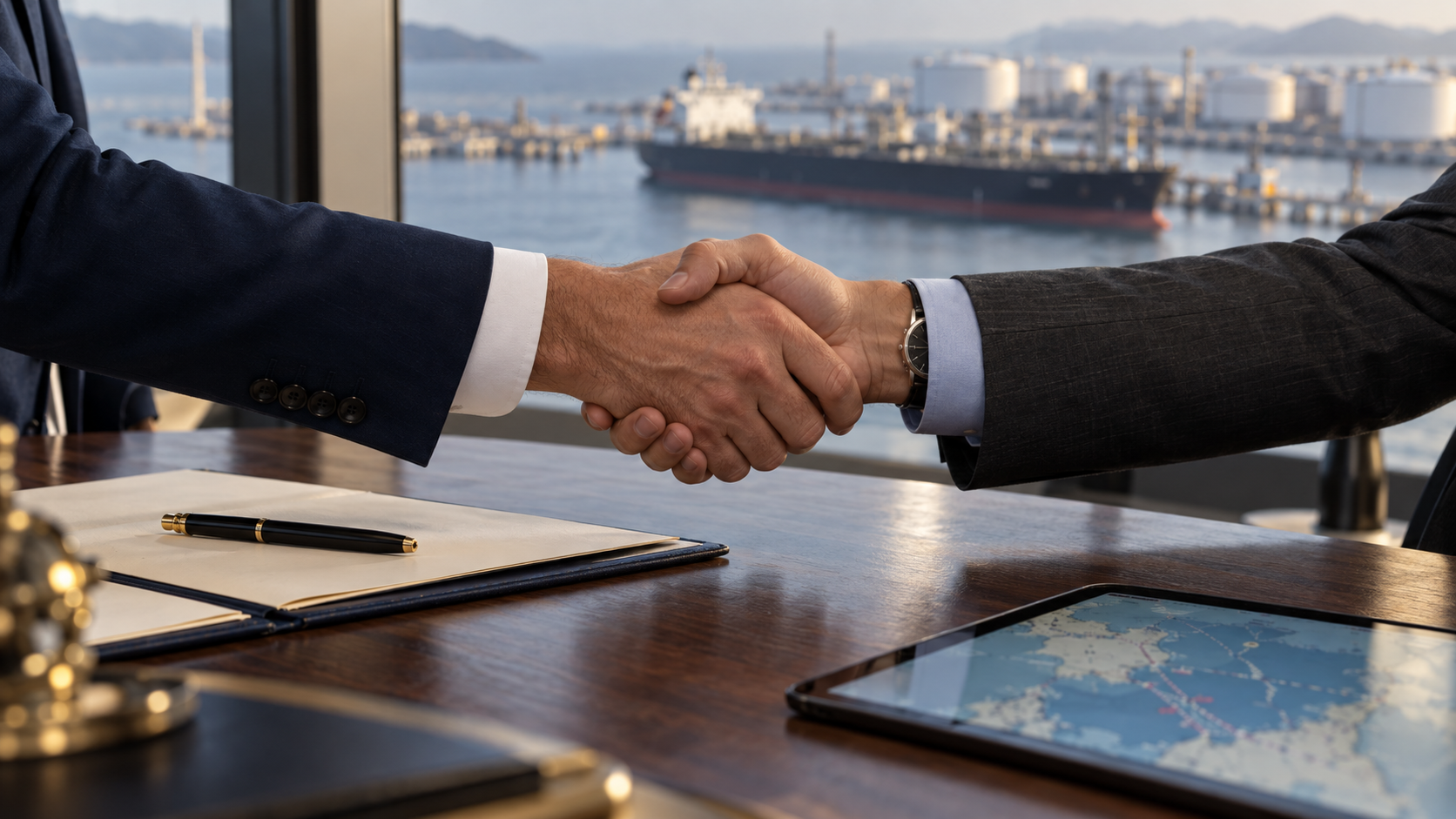 Two businesspeople shaking hands over a desk in a maritime office with a ship and oil tanks visible outside the window.
