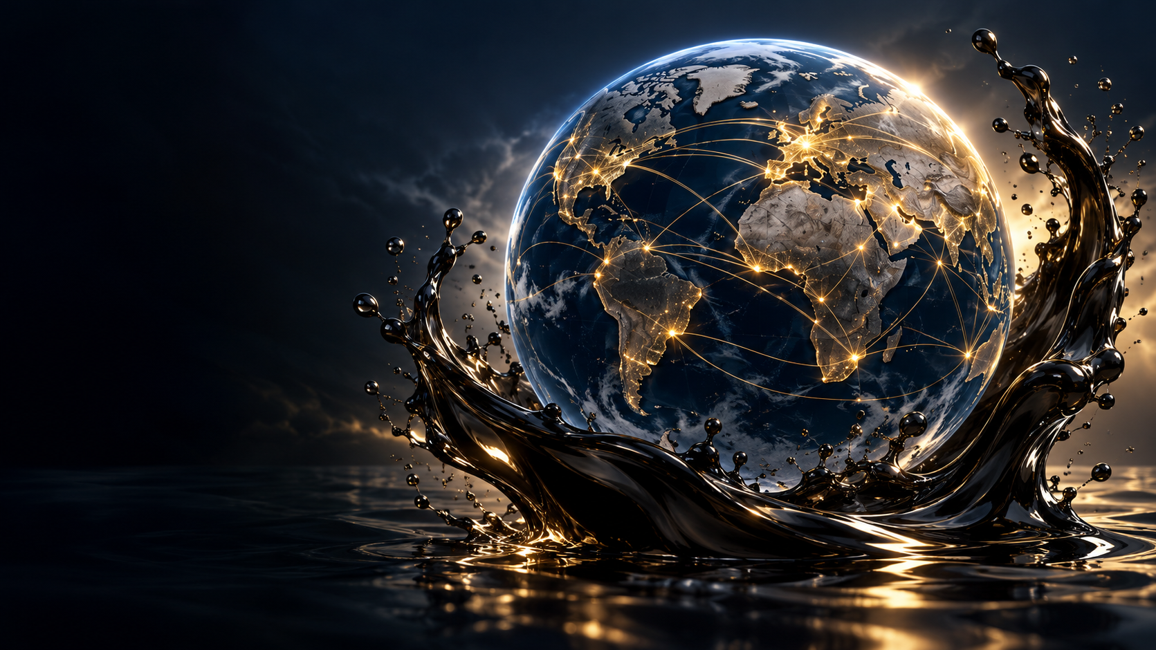 A digital art representation of Earth with illuminated continents and network lines, surrounded by splashing liquid.