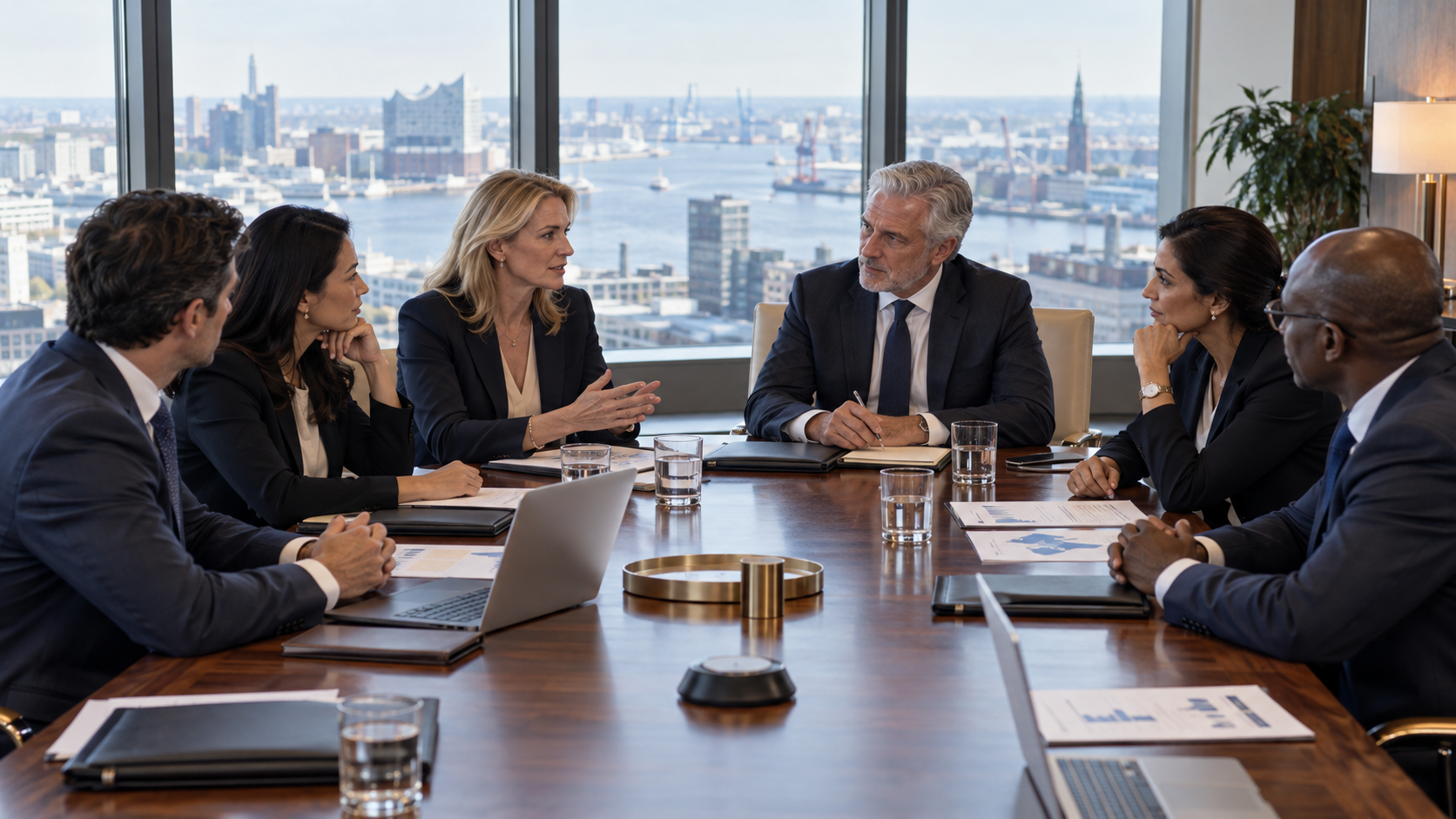 A diverse group of seven business professionals having a meeting in a high-rise conference room with a city skyline and river view in the background.