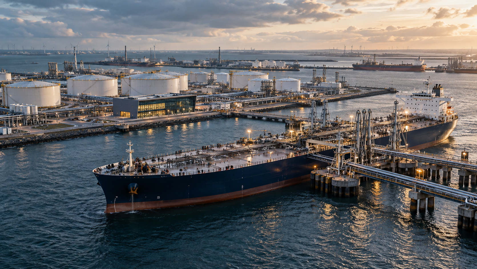 A large oil tanker docked at an industrial port with numerous storage tanks and infrastructure, under a cloudy sunset sky.
