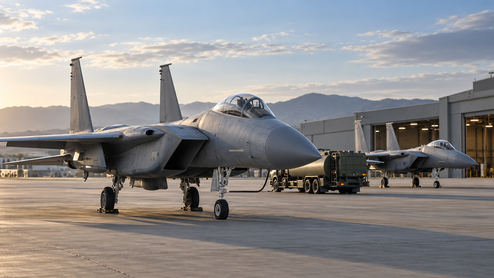 Two parked fighter jets on an airport tarmac with hangars and mountains in the background during sunset.